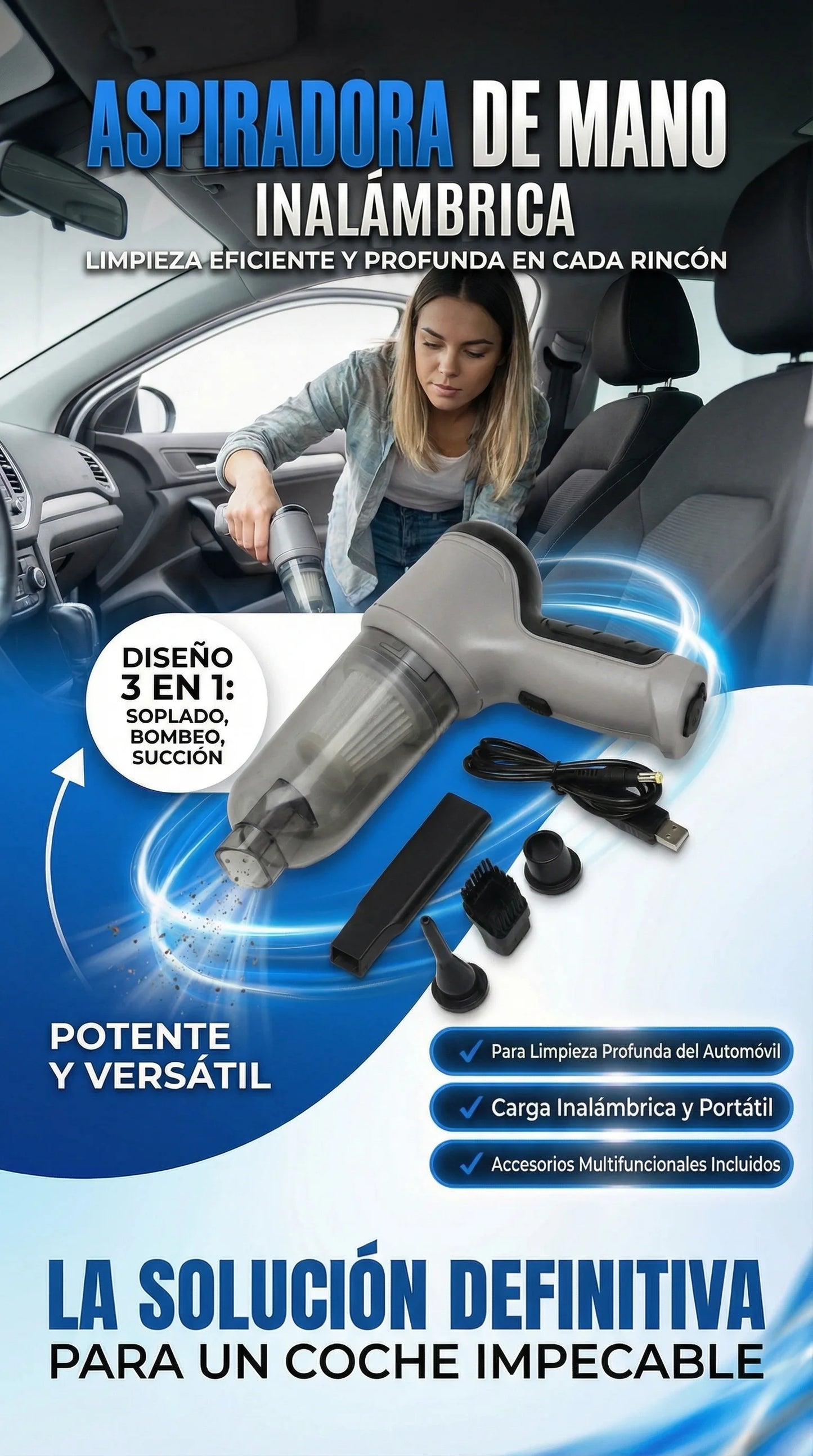 Mini Aspiradora 3 en 1 Recargable – Elimina polvo y migas en segundos