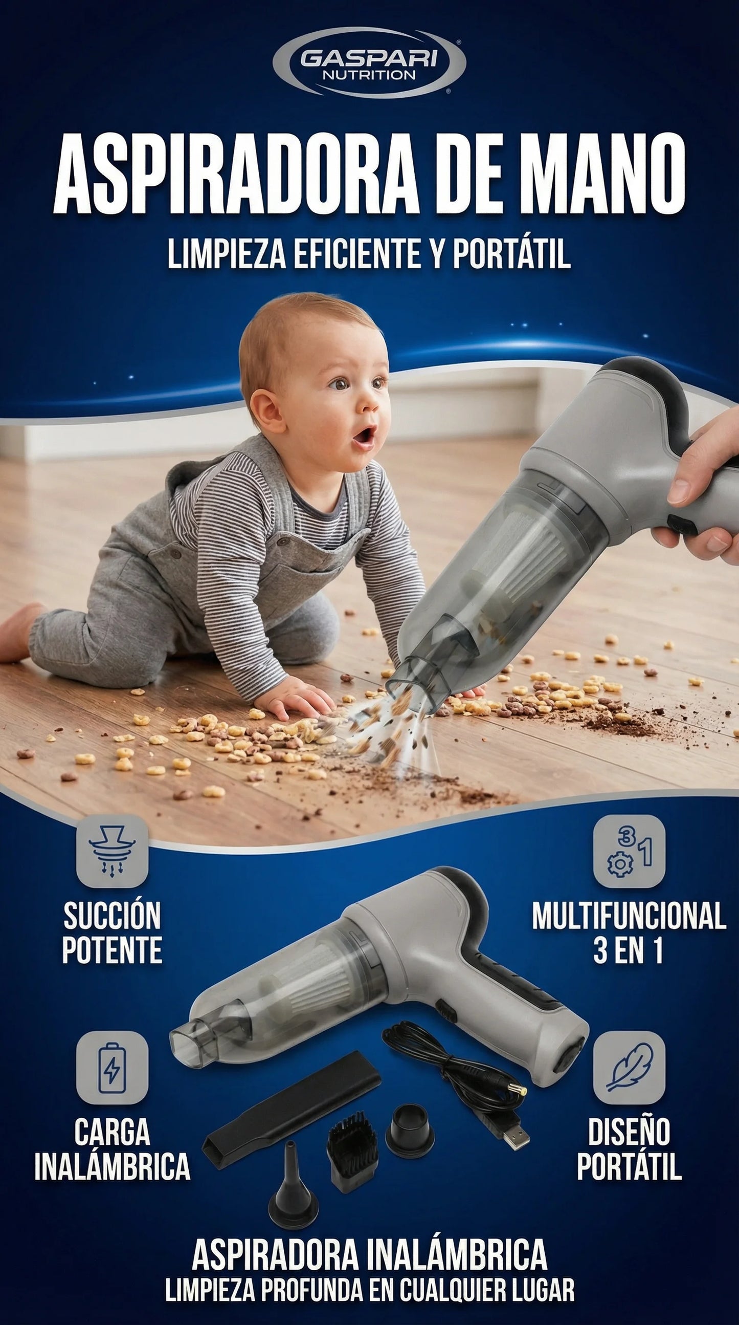 Mini Aspiradora 3 en 1 Recargable – Elimina polvo y migas en segundos